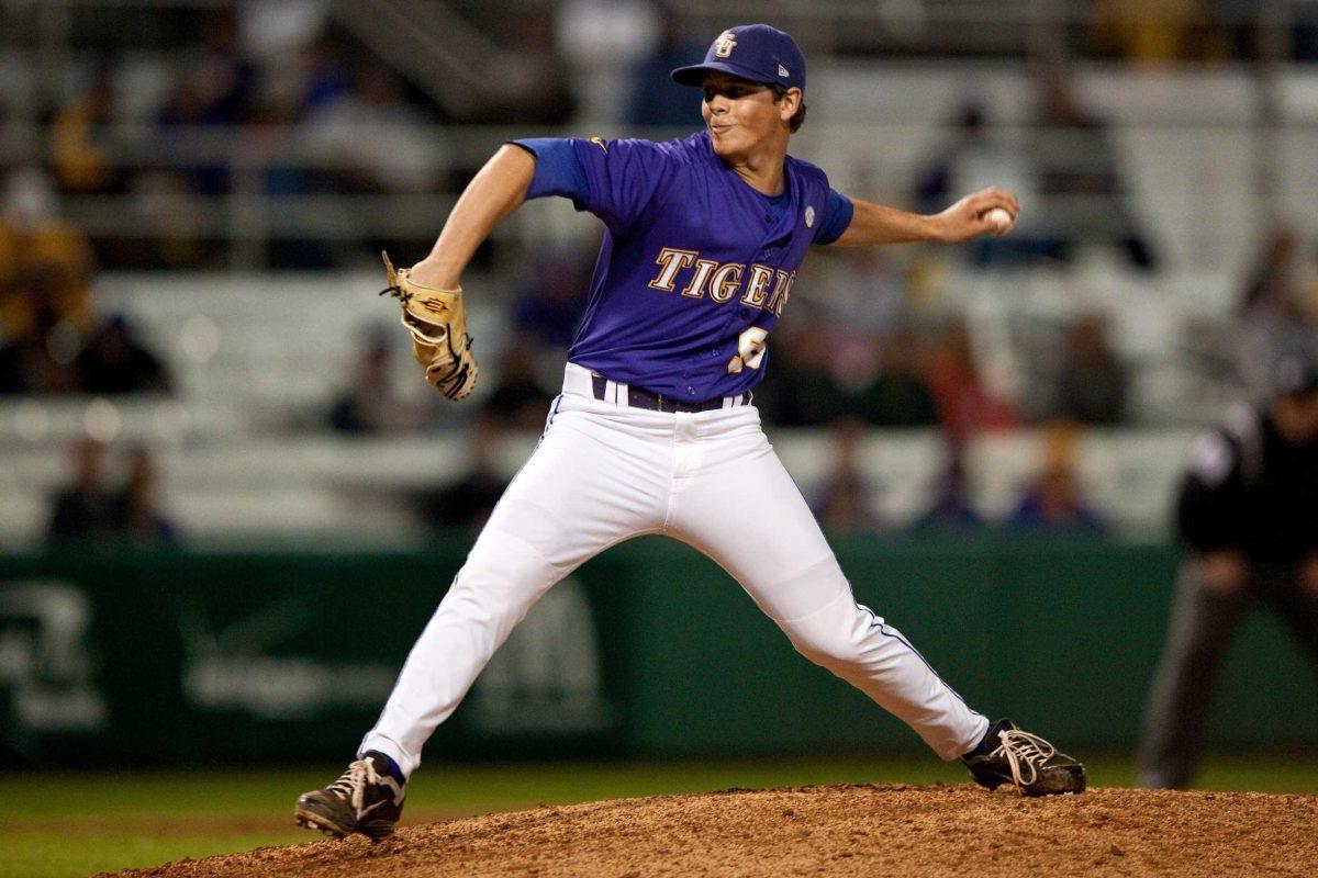 LSU sophomore Chris Cotton (58) pitches Wednesday during the Tigers&#8217; 10-8 victory against Mississippi Valley State in Alex Box Stadium.