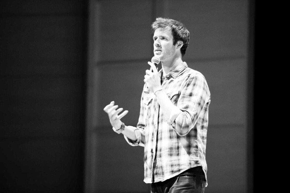 To Write Love on Her Arms founder Jamie Tworkowski speaks Monday at the Student Union Theater. The talk dealt with the need to express oneself when dealing with issues.