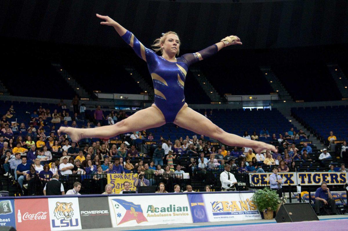 Sophomore Shelby Prunty performs on the floor March 4 during LSU&#8217;s win against New Hampshire. The Tigers finished with a 195.475 score and fifth-place finish at the Southeastern Conference Championship meet Saturday thanks to two season highs.