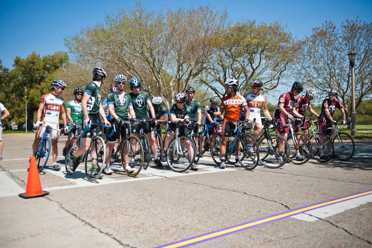 Various college cycling teams race along a course winding through LSU&#8217;s campus Saturday afternoon. LSU Cycling hosted a total of three races during the weekend. 