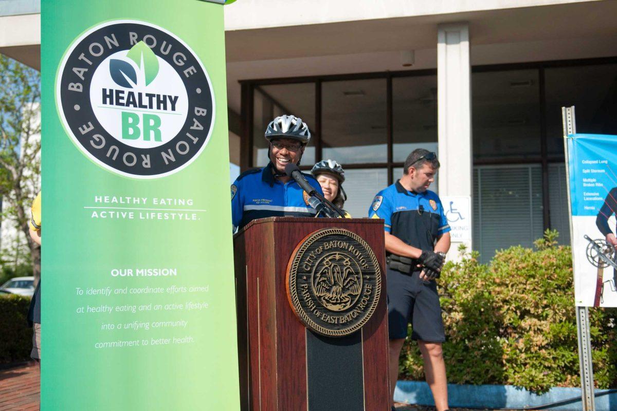 Mayor-President Kip Holden speaks before the Family Fun Ride Saturday morning at Baton Rouge&#8217;s second annual Velo Louisiane bicycle festival.