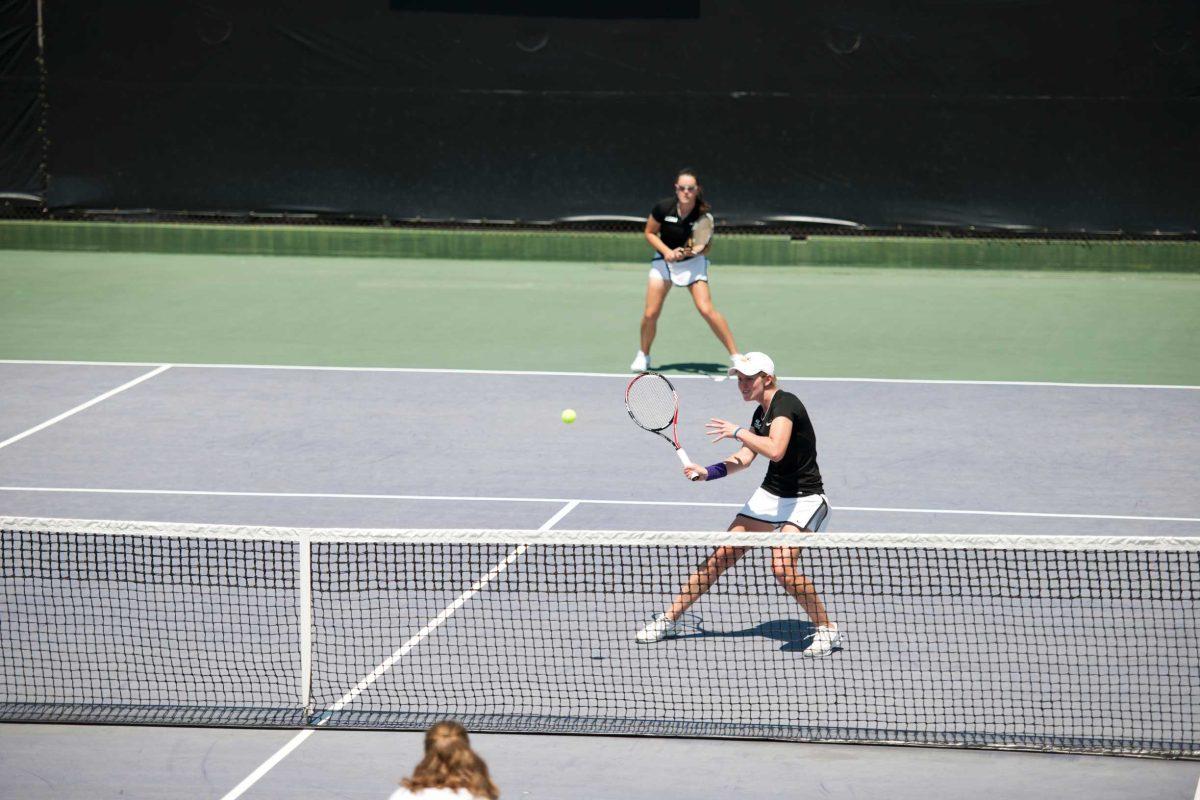 Senior Kylie Adamek returns a shot Sunday during LSU&#8217;s 5-2 win against Kentucky. Adamek played in her last match at W.T. &#8220;Dub&#8221; Robinson Stadium on Sunday.