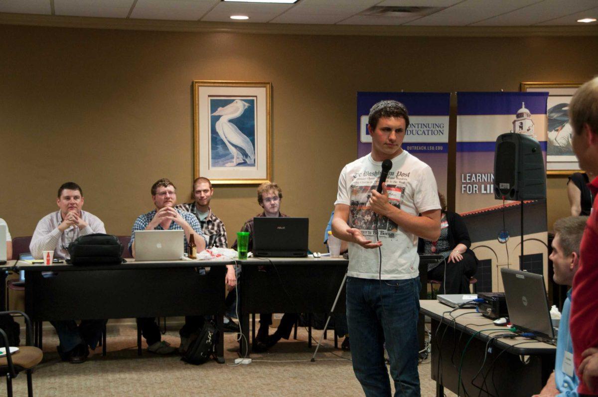 Sean Simone, agricultural business senior, practices pitching business ideas at Startup Weekend.