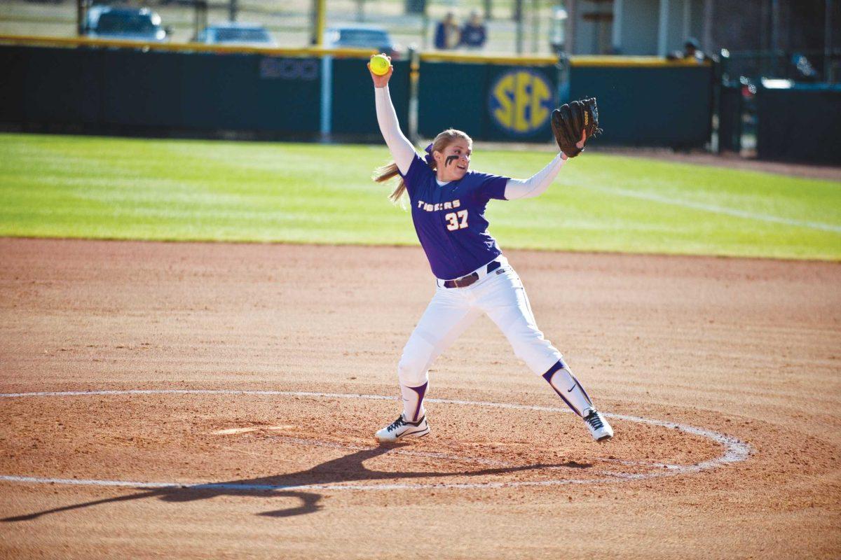 LSU sophomore pitcher Rachele Fico throws during the Tigers&#8217; 9-1 victory against Louisiana Tech on Feb. 11, at Tiger Park. Fico was named LSWA Pitcher of the week.