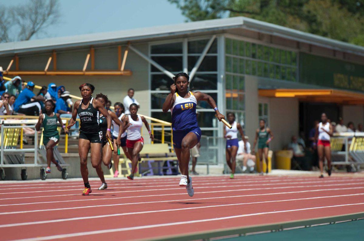 LSU junior Semoy Hackett runs the second leg of the 4x200-meter relay at the LSU Relays on March 26. The Lady Tigers won the relay with a time of 1