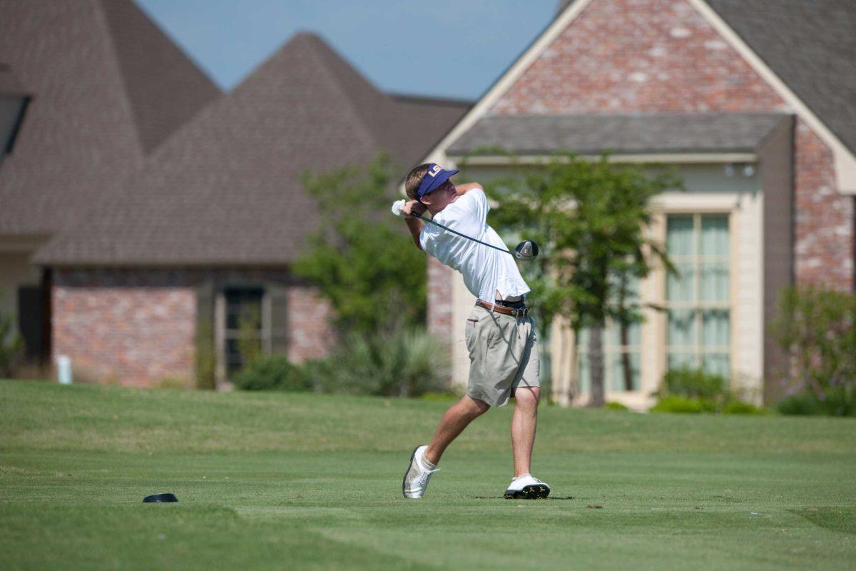 LSU senior golfer John Peterson drives the ball at the University Club golf course. He received former tiger David Toms&#8217; putter cover after winning a six-round qualifier.