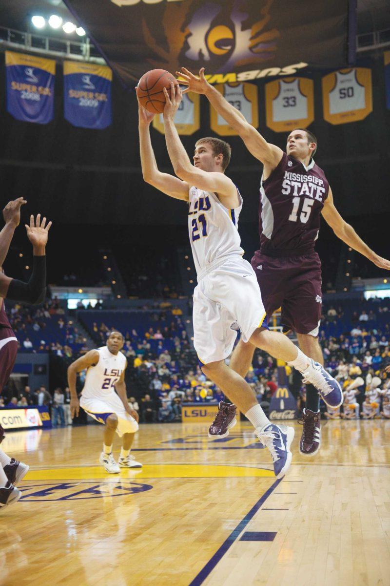 LSU freshman forward Matt Derenbecker attempts a jumpshot Feb. 5 during the Tigers&#8217; 58-57 loss against Mississippi State in the PMAC.