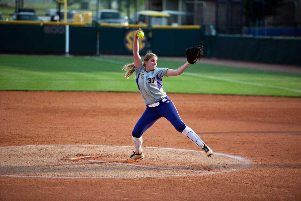 LSU sopomore pitcher Rachele Fico winds up April 27 in the Tigers' 2-0 win against Southern Mississippi. The Tigers are dealing with finals and still playing.