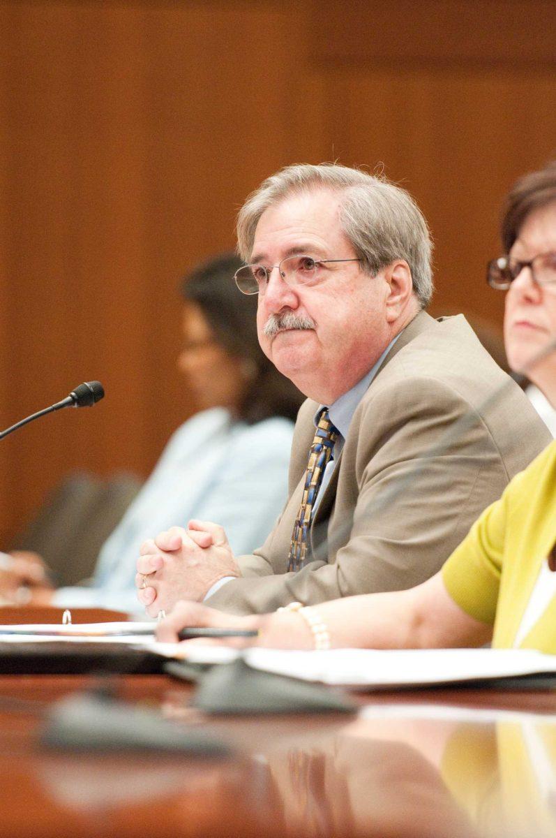 Larry Tremblay speaks in front of the Planning, Research and Performance Committee on April 27 at the Board of Regents meeting.