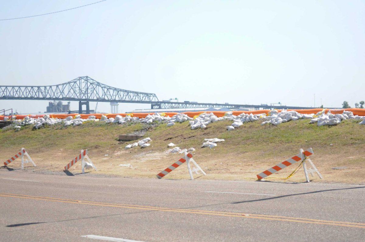 Sand bags are used to reinforce parts of the Tiger Dams constructed on the Miss. River levee along River Road in May. These dams are being removed as the river recedes.