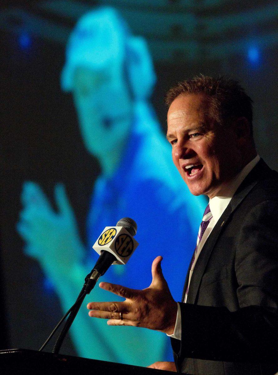 LSU coach Les Miles talks Friday during Southeastern Conference Football Media Days in Hoover, Ala. Preseason polls are predicting the Tigers to be national contenders.