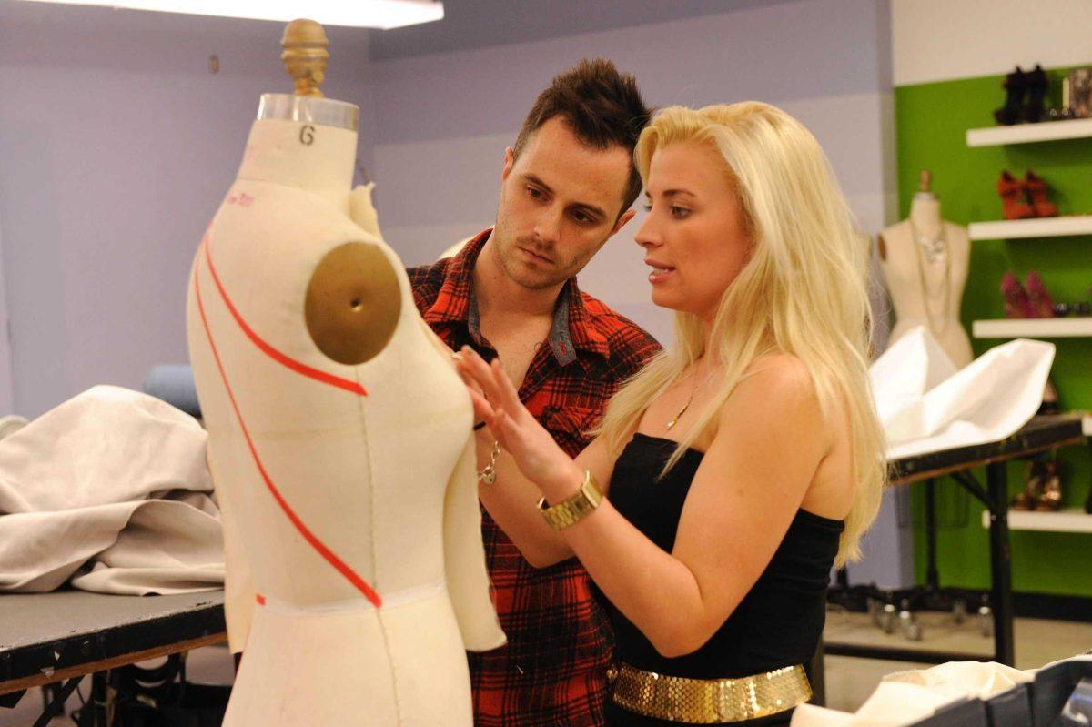 Auld and fellow contestant Laura Kathleen work on an outfit during season 9 of Lifetime&#8217;s &#8220;Project Runway.&#8221;