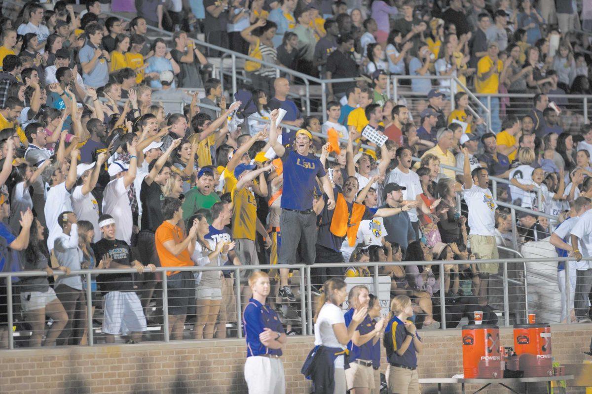 Students cheer on the LSU soccer team Friday during the Tigers&#8217; 1-0 victory against Oregon during their home opener at the newly renovated LSU Soccer Stadium.