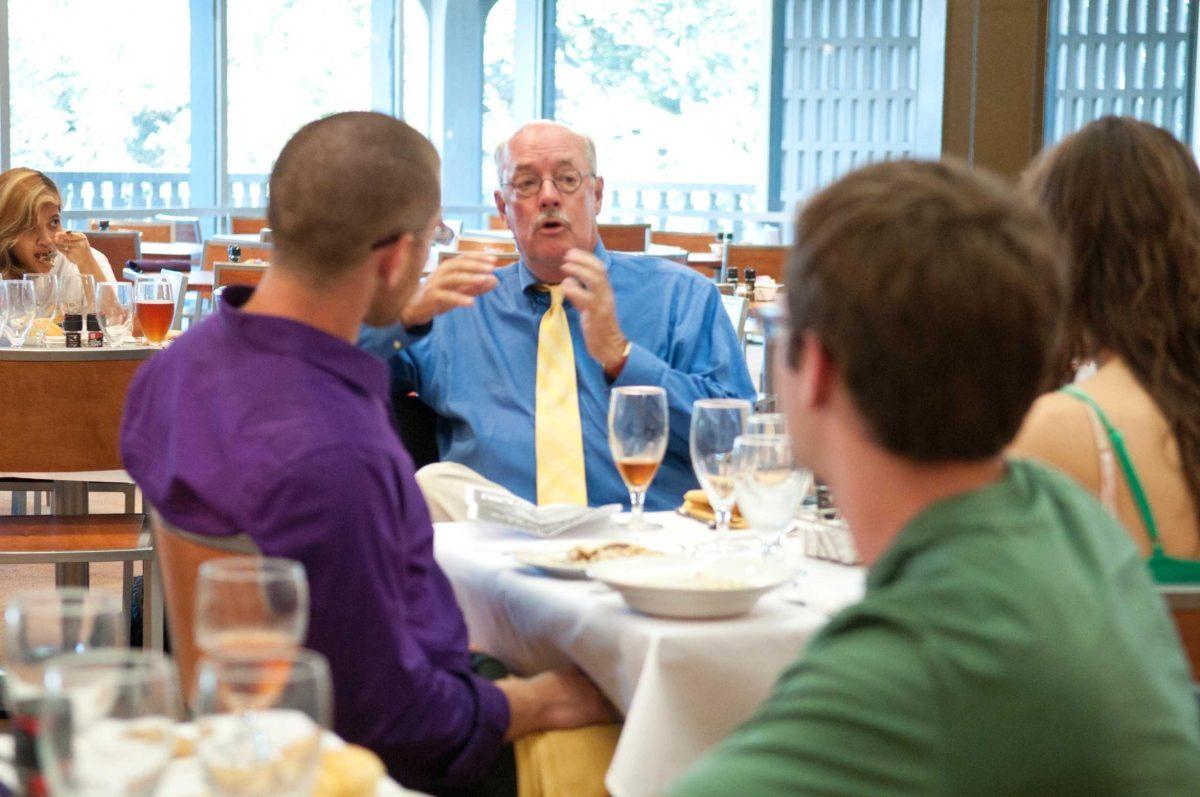 LSU Chancellor Mike Martin addresses LSU sophomores Monday about current campus issues and events at a SophomoreGOLD meeting in the Magnolia Room.