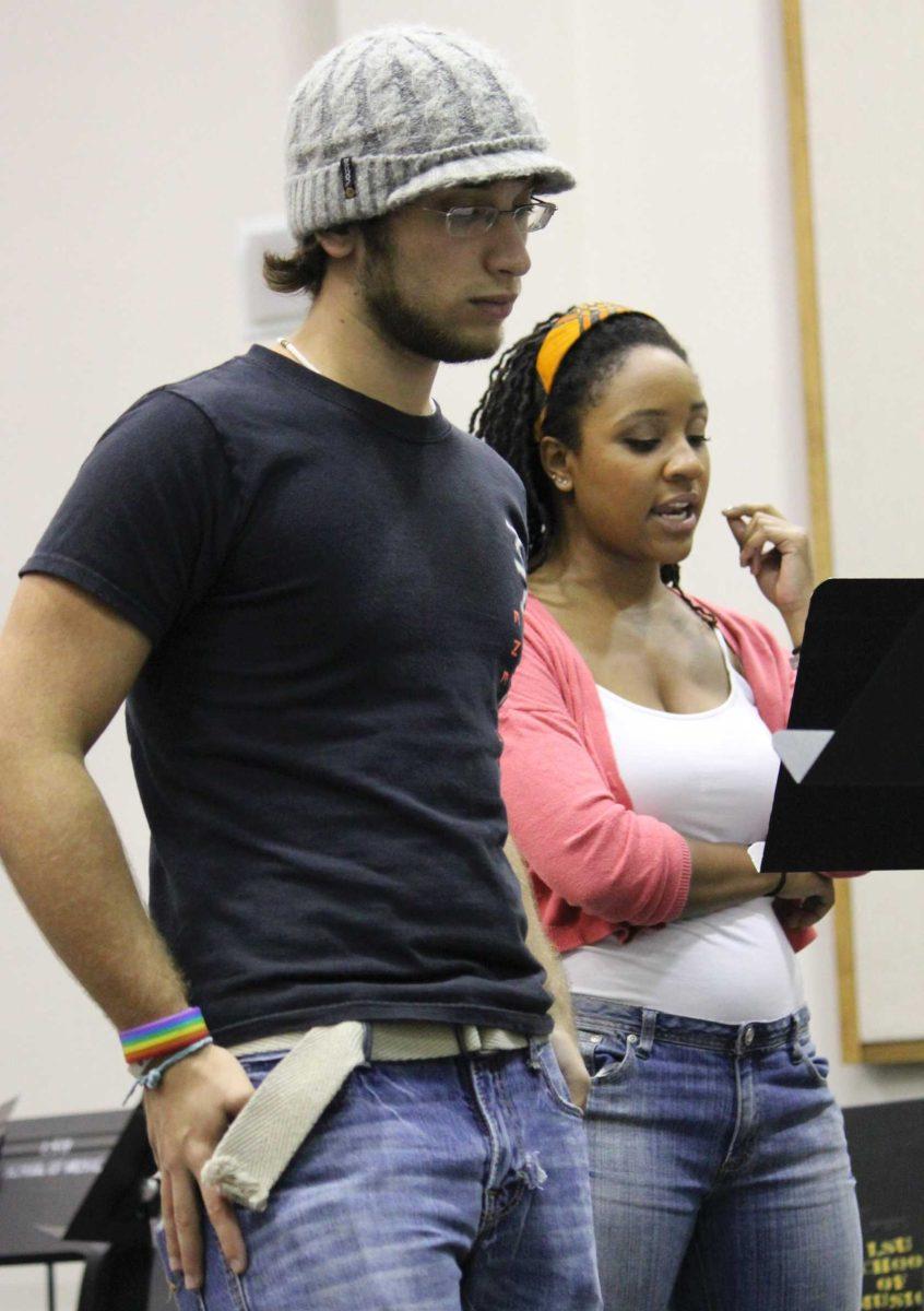 Cameron Carnley and Meroe Adeeb rehearse Sept. 20 for Louisiana Opera Outreach Program&#8217;s production of &#8220;The Three Little Pigs.&#8221;