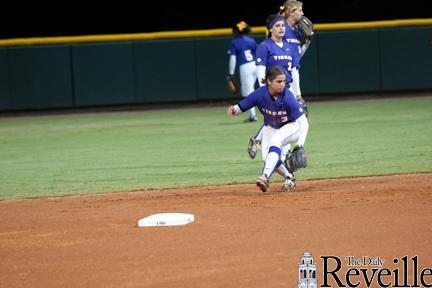 Senior infielder, Cassie Trosclair (3) chases down a ball Friday before the Fall Exhibition against Northwestern State in Tiger Park. The Tigers won both games.