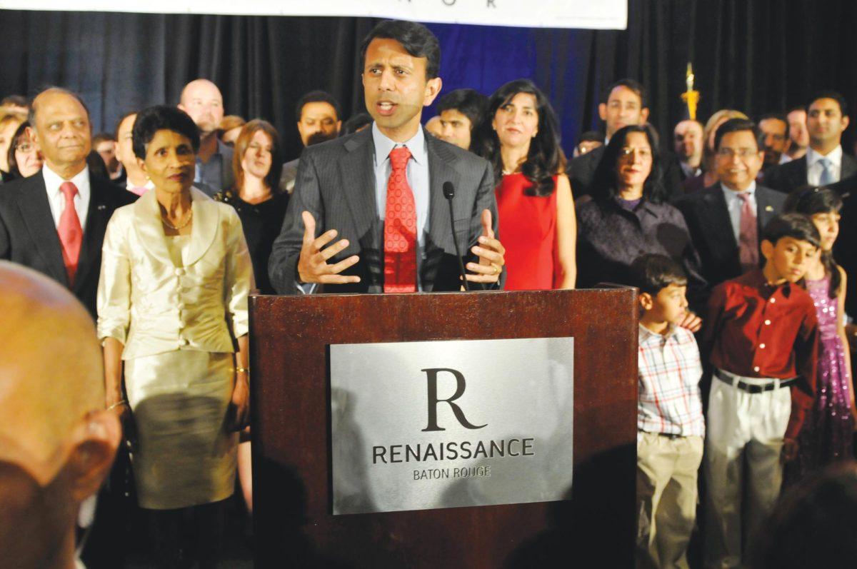 Bobby Jindal delivers a speech Saturday night at his re-election party in the Renaissance Hotel. Jindal will be replacing two staff members in his new term.