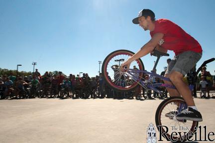 Terry Adams, professional flatland BMX rider from Hammond, demos Saturday at the BREC Skate Park.