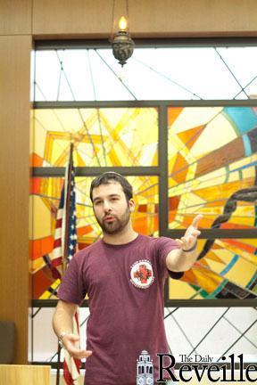 Jay Weisman, history senior, shows the Daily Reveille around the Beth Shalom Synagogue Tuesday afternoon