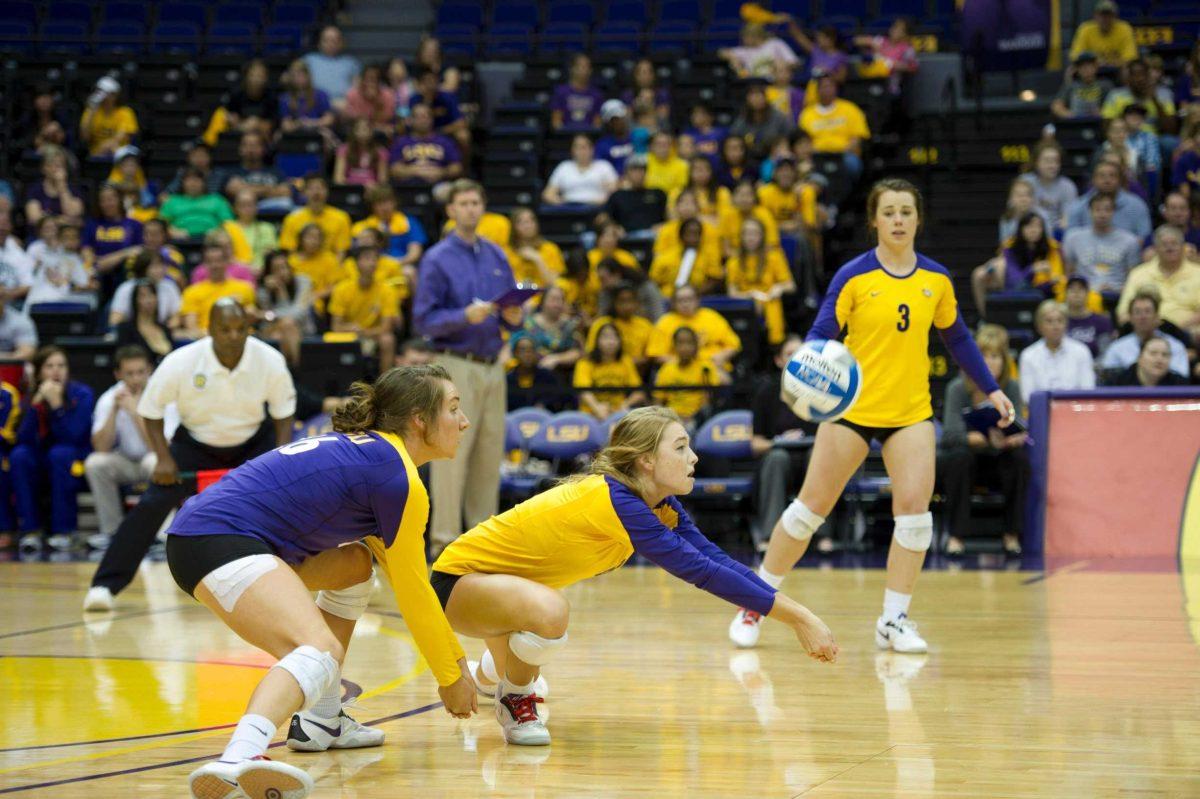 Freshman outside hitter Helen Boyle (8) digs the ball Friday in the PMAC against rival Tennessee. The Tigers lost 1-3.