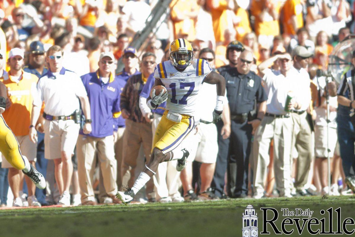 LSU junior cornerback Morris Claiborne avoids a Tennessee player as he returns an interception Oct. 15 during the Tigers&#8217; 38-7 victory against the Volunteers.