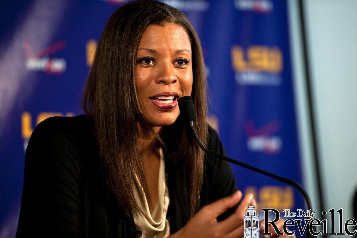 LSU coach Nikki Caldwell speaks with the media Thursday at the basketball practice facility. Caldwell believes the Lady Tigers have the potential to be an elite program.