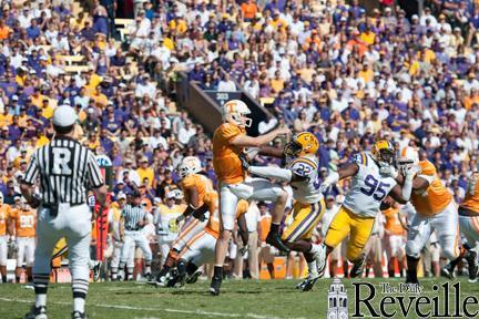 Ryan Baker (22), Junior Linebacker, rushes the Tennessee quarterback during the game on October 2nd.