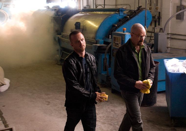 Jesse (Aaron Paul) and Walt (Bryan Cranston) exit their undercover meth lab during the season four finale of AMC&#8217;s &#8220;Breaking Bad,&#8221; which aired Sunday.