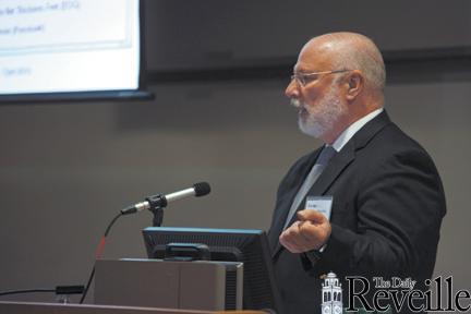 Greg Brazaitis of Energy Transfer Partners speaks at an energy conference at the School of the Coast and Environment building on Tuesday. LSU's energy department hosted the summit where professors, faculty, and energy experts from across the country came together to discuss energy trends and Louisiana's shale and sand opportunities, which economists predict are the key for LA's economic future.