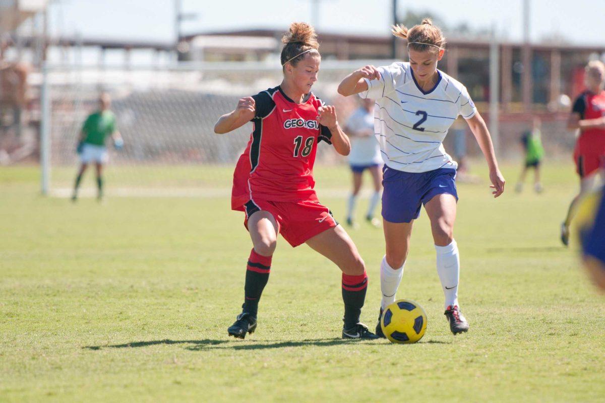 Addie Eggleston, No. 2, evades a Georgia defender during the game on Sunday at the LSU Soccer Complex.