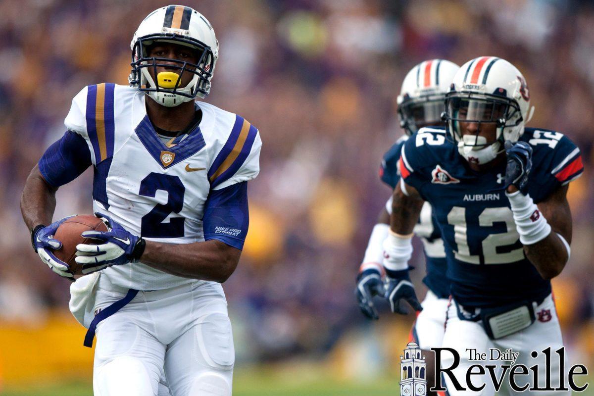 Auburn defenders trail LSU junior wide receiver Rueben Randle (2) as he runs in for a touchdown Saturday.