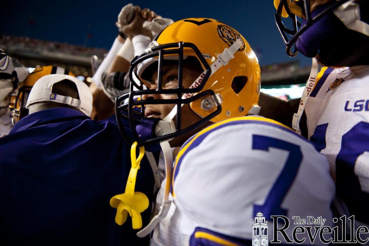 LSU sophomore cornerback Tyrann Mathieu stands near the team huddle before the Tigers&#8217; 9-6 victory against Alabama on Nov. 5 at Bryant-Denny Stadium in Tuscaloosa, Ala.