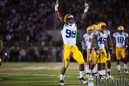 LSU sophomore defensive end Sam Montgomery celebrates Saturday during the Tigers&#8217; 53-3 victory against the Ole Miss Rebels in Oxford, Miss.