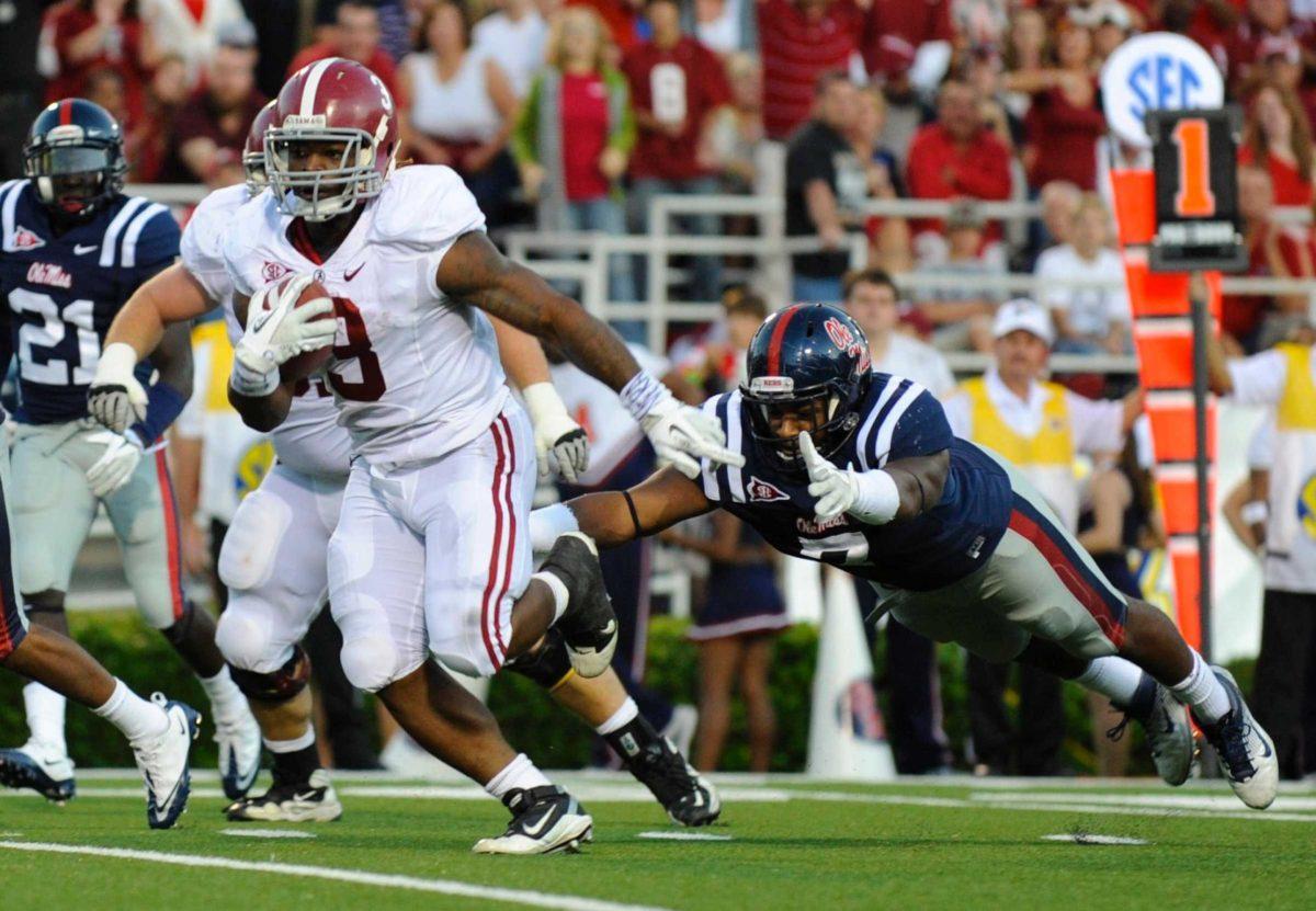 Alabama junior running back Trent Richardson (3) escapes a tackle Oct. 15. Alabama beat Ole Miss, 52-7. Richardson says he&#8217;s ready to play LSU again after getting hurt in his last game against the Tigers.