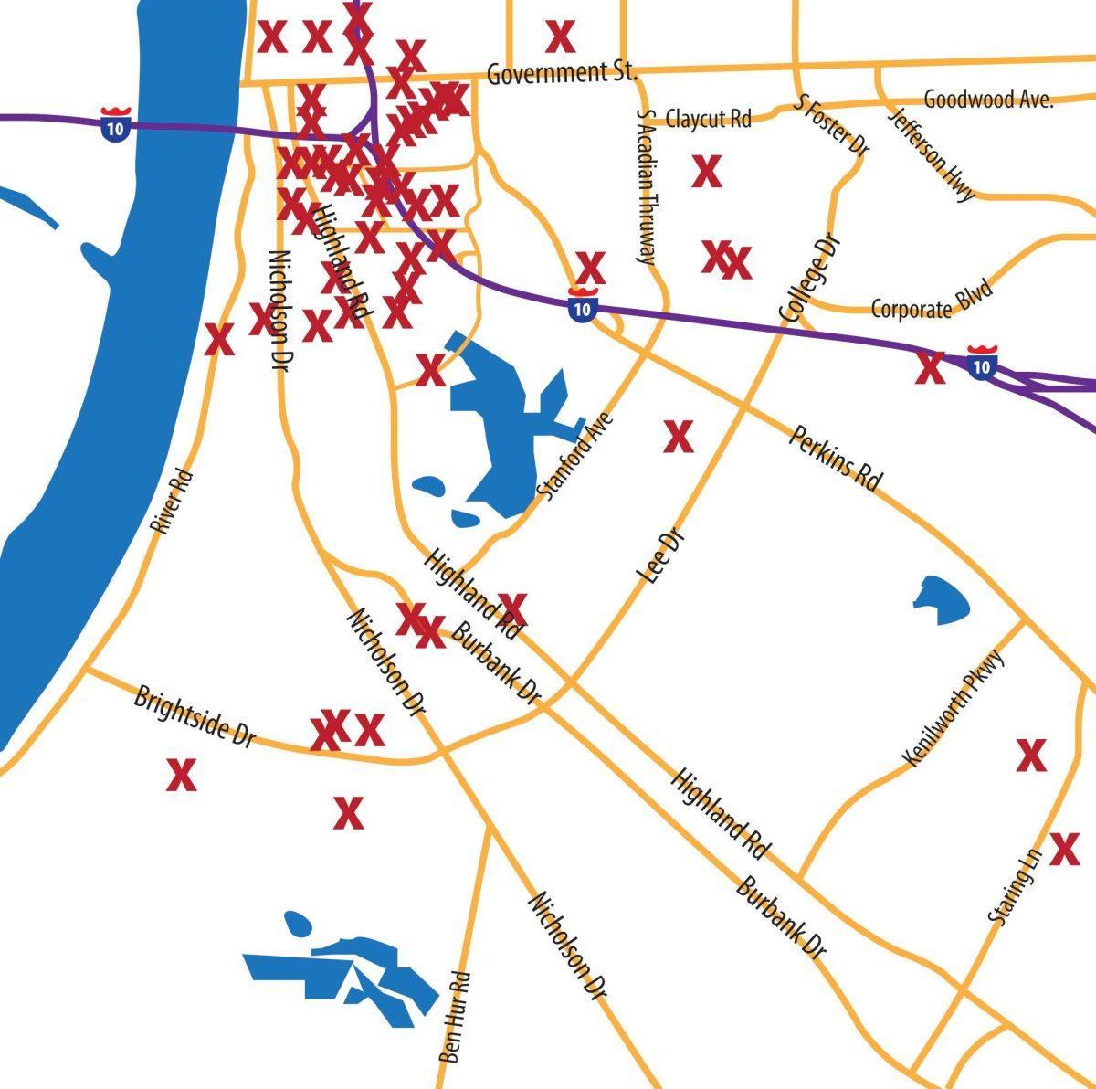 A map of the registered sex offenders in the LSU area. Current as of November 2011.