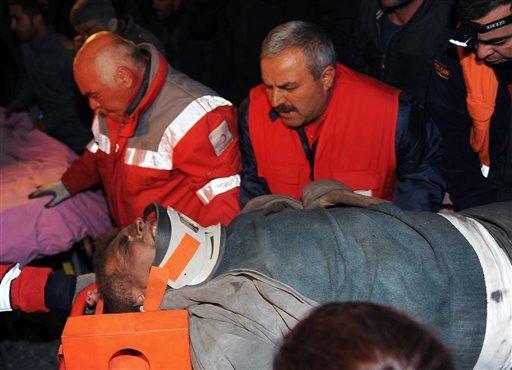 Rescuers pull out a man alive from the rubble of a collapsed building in Van, eastern Turkey, late Wednesday, Nov. 9, 2011. An earthquake struck eastern Turkey late Wednesday night, killing at least three people and leaving dozens trapped in the rubble of toppled buildings. About 20 buildings collapsed in the provincial capital of Van following a 5.7-magnitude quake, according to media reports.(AP Photo/Salih Zeki Fazlioglu, Anatolia)