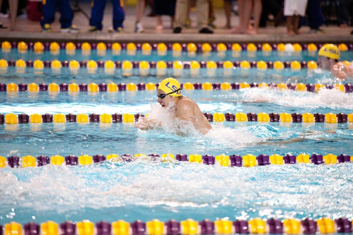 Sophomore Ricardo Alvarado Jiminez competes in the 200-meter breast stroke Oct. 21 against Aurburn in the LSU Natatorium.