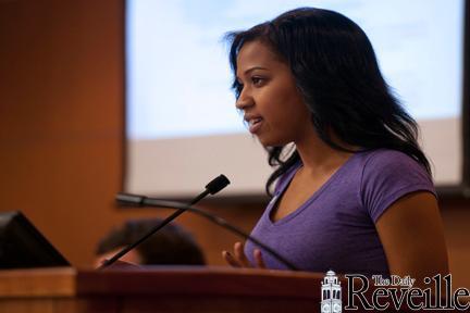 Miranda Adams, president of the Black Students Association, speaks against fee bill increases to fund a UREC expansion at SG on Wednesday.