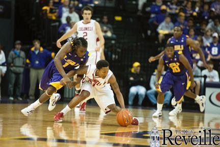 LSU Freshman point guard Anthony Hickey (left) hassles a Nicholls State player Nov. 12 during LSU&#8217;s 96-74 win in the PMAC.