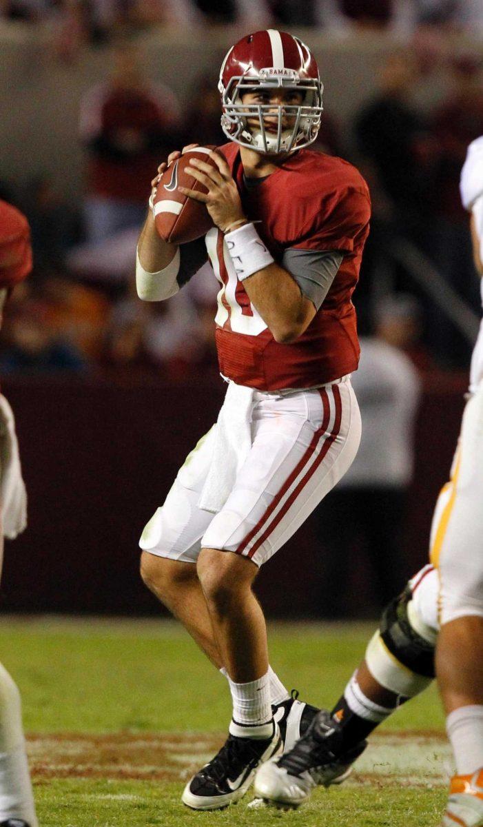 Alabama quarterback AJ McCarron (10) drops back to throw in an NCAA college football game against the Tennessee Volunteers Saturday, Oct, 22 2011 in Tuscaloosa Ala. Alabama won 37-6.