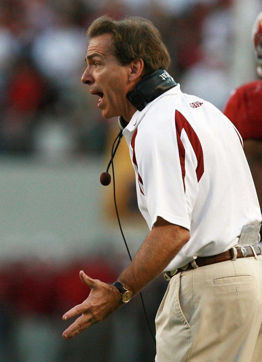 Alabama coach Nick Saban barks orders during a game. Saban is known for his unpredictable temperament on the field.