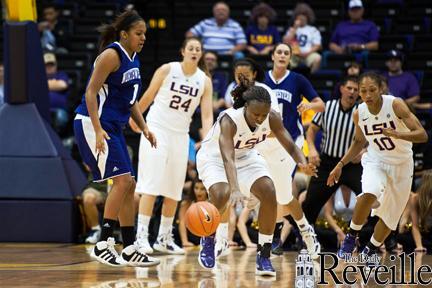 LSU forward Swayze Black (center) loses control of the ball Nov. 22 during the Lady Tigers&#8217; 44-43 loss to Northwestern in the PMAC.