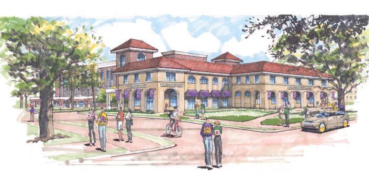 A rendering of the University&#8217;s future parking garage and bookstore on Highland Road, which is anticipated to open fall 2012 .