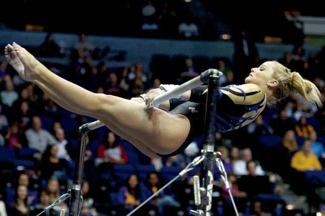 Freshman Jesse Jordan scored a 9.60 on bars in the gymnastics meet versus Auburn on Friday in the Pete Maravich Assembly Center. LSU defeated Auburn 195.025 to 193.800 and swept the all-around awards with Freshmen Lloimincia Hall, Jesse Jordan and Rheagan Courville receiving 39.200, 39.025 and 38.925, respectively.