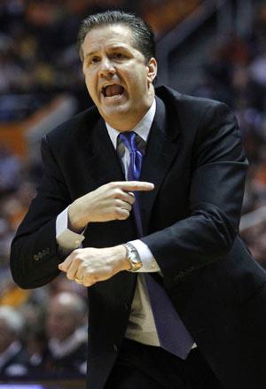 Kentucky Wildcats head coach John Calipari directs his team in the first half of an NCAA college basketball game against Tennessee on Saturday, Jan. 14, 2012, in Knoxville, Tenn. Kentucky won 65-62.