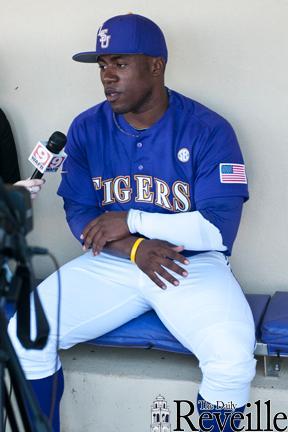 outfielder Arby Fields answers questions Friday at LSU baseball Media Day