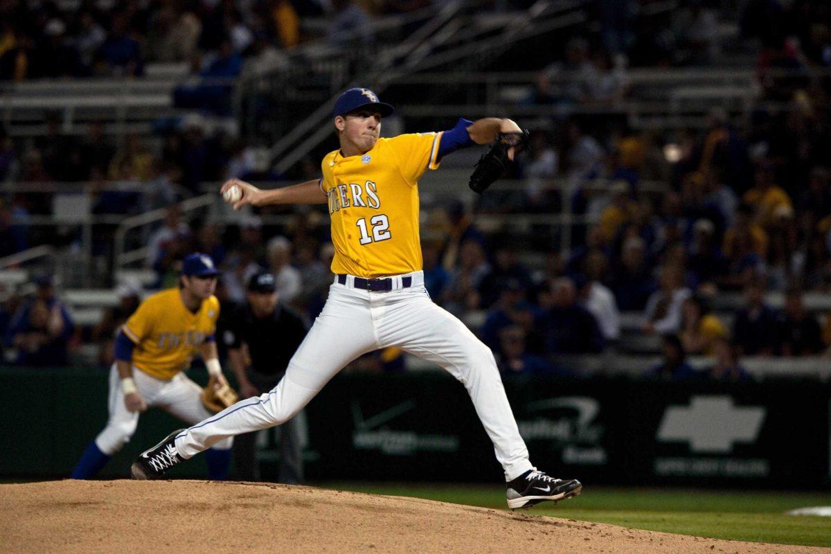 Then-freshman LSU pitcher Kevin Gausman throws a pitch Feb. 25, 2011, during the Tigers&#8217; 12-3 victory against Holy Cross at Alex Box Stadium.