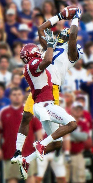 Morris Claiborne intercepts a pass against the Arkansas Razorbacks on November 25. 2011