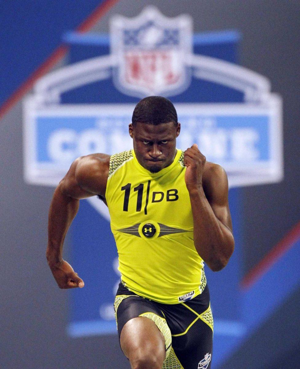 LSU defensive back Morris Claiborne runs a drill Tuesday at the NFL football scouting combine in Indianapolis.