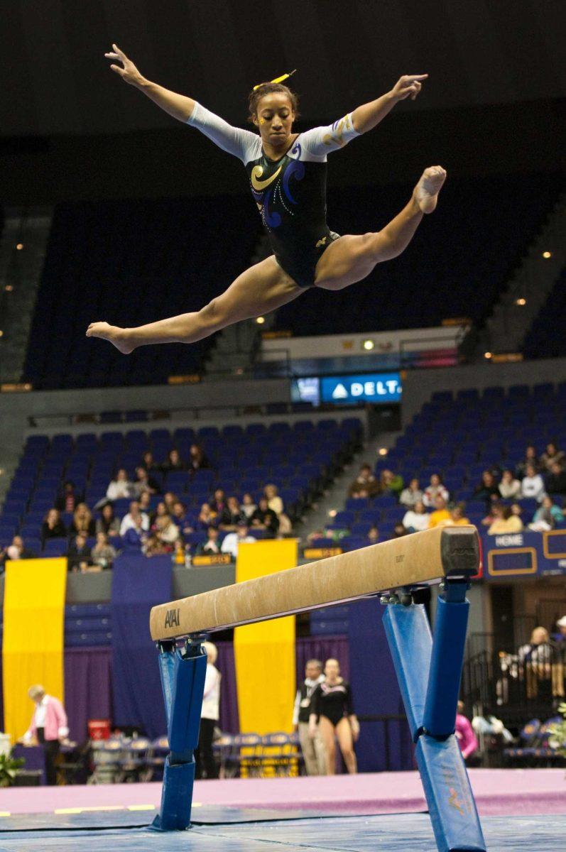 <p>Maliah Mathis scores a 9.80 on Feb. 4, 2011, helping the Tigers to a season-high beam mark. LSU posted a 48.975 overall on beam.</p>